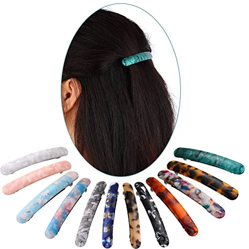 12 Pieces Skinny Hair Barrettes Tortoise Shell Cellulose Acetate French Hair Clip Automatic Hair Clip Long and Thin Handmade Celluloid Onyx Hair Barrette Ponytail Holder Hairpins for Women Girls