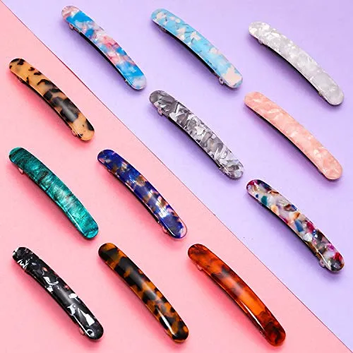 12 Pieces Skinny Hair Barrettes Tortoise Shell Cellulose Acetate French Hair Clip Automatic Hair Clip Long and Thin Handmade Celluloid Onyx Hair Barrette Ponytail Holder Hairpins for Women Girls
