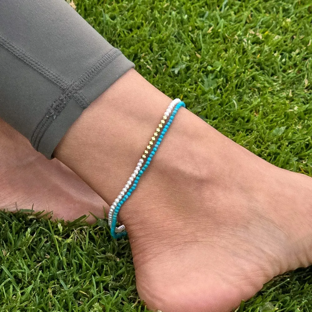 14K Gold Filled Beaded Anklet w Pearls 2mm