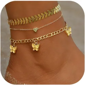 14k Gold Plated Layered Anklets for Women Adjustable Butterfly Heart Cuba Chain Anklet Boho Anklets Set Non Tarnish Summer Beach Jewelry