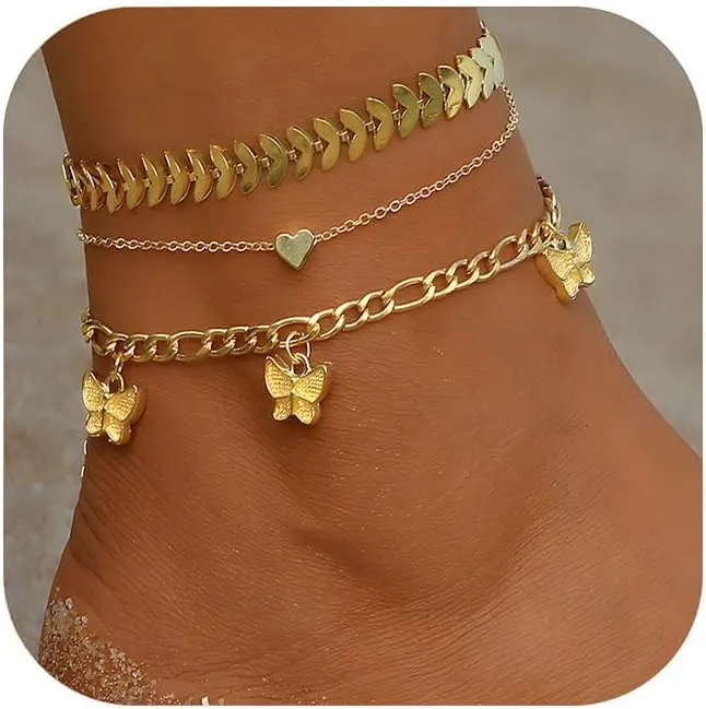 14k Gold Plated Layered Anklets for Women Adjustable Butterfly Heart Cuba Chain Anklet Boho Anklets Set Non Tarnish Summer Beach Jewelry