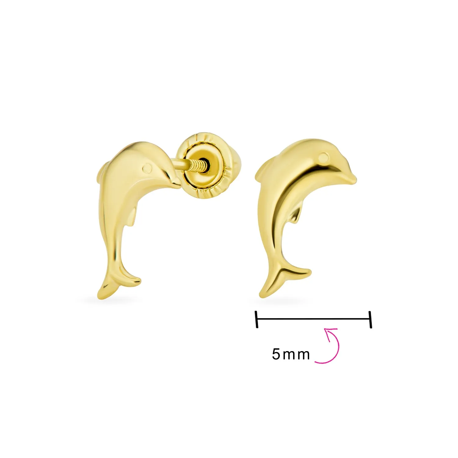 14K Yellow Gold Dolphins Stud Earrings with Safety Screw Back - Nautical Ocean Theme