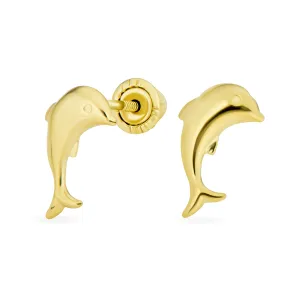 14K Yellow Gold Dolphins Stud Earrings with Safety Screw Back - Nautical Ocean Theme