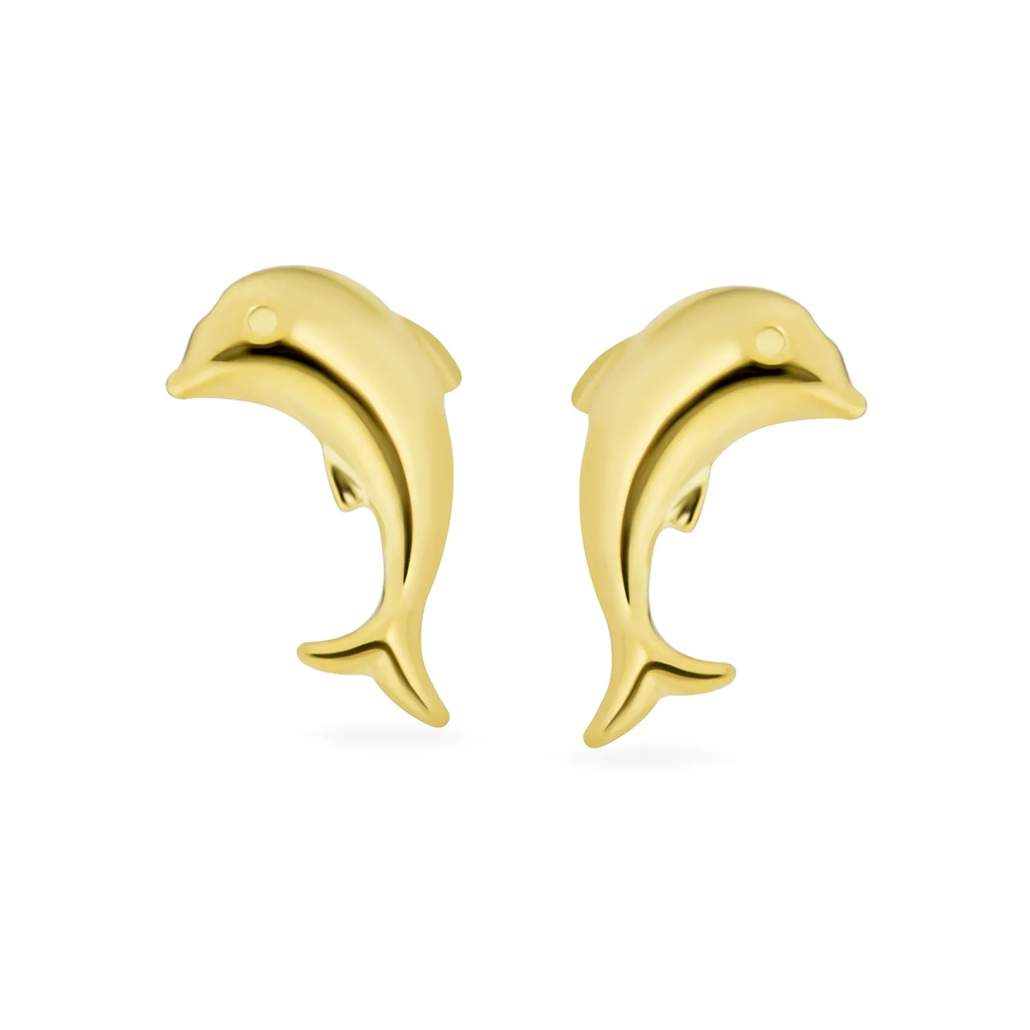 14K Yellow Gold Dolphins Stud Earrings with Safety Screw Back - Nautical Ocean Theme