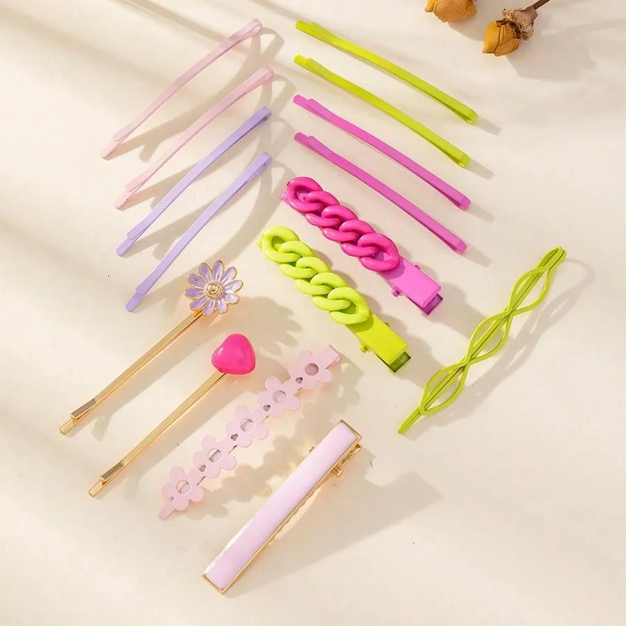 15pcs/Set Ladies/Girls Bride Dressing Headwear Alloy Painted Daisy Flower Rainbow Color Dopamine Hairpins