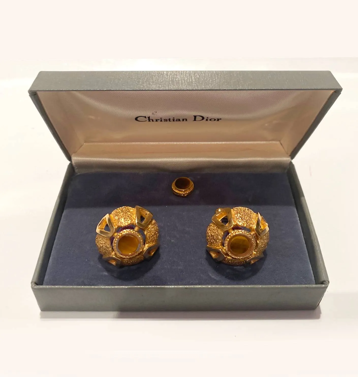 1980s Christian Dior Gold Plated Tiger's Eye Cufflinks