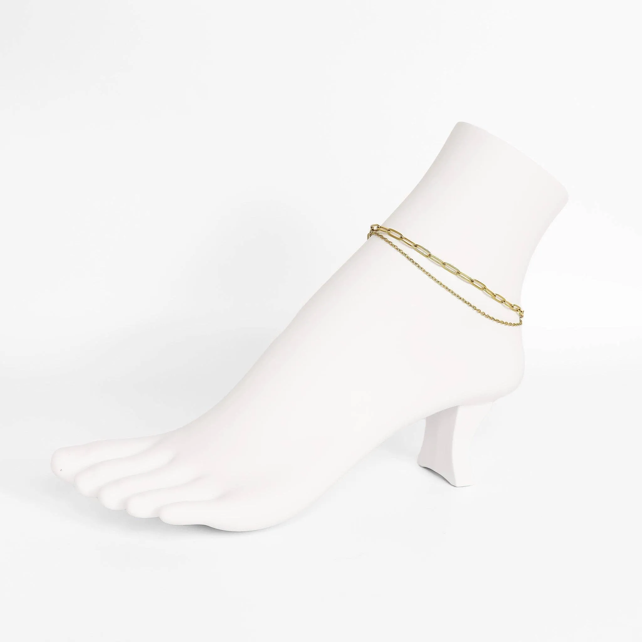 2 Row Stainless Steel Loop and Paperclip Chain Anklet: Gold