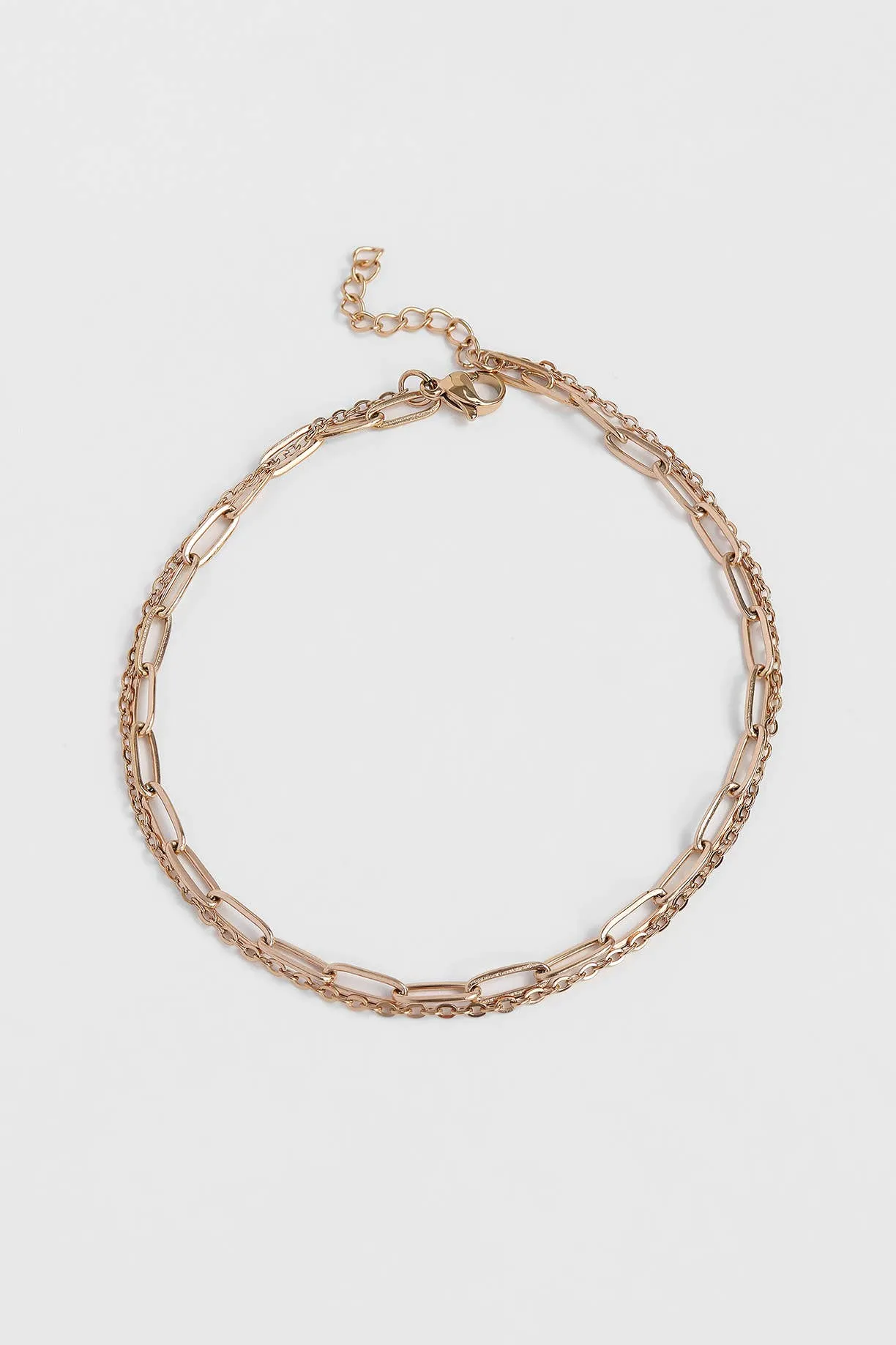 2 Row Stainless Steel Loop and Paperclip Chain Anklet: Gold
