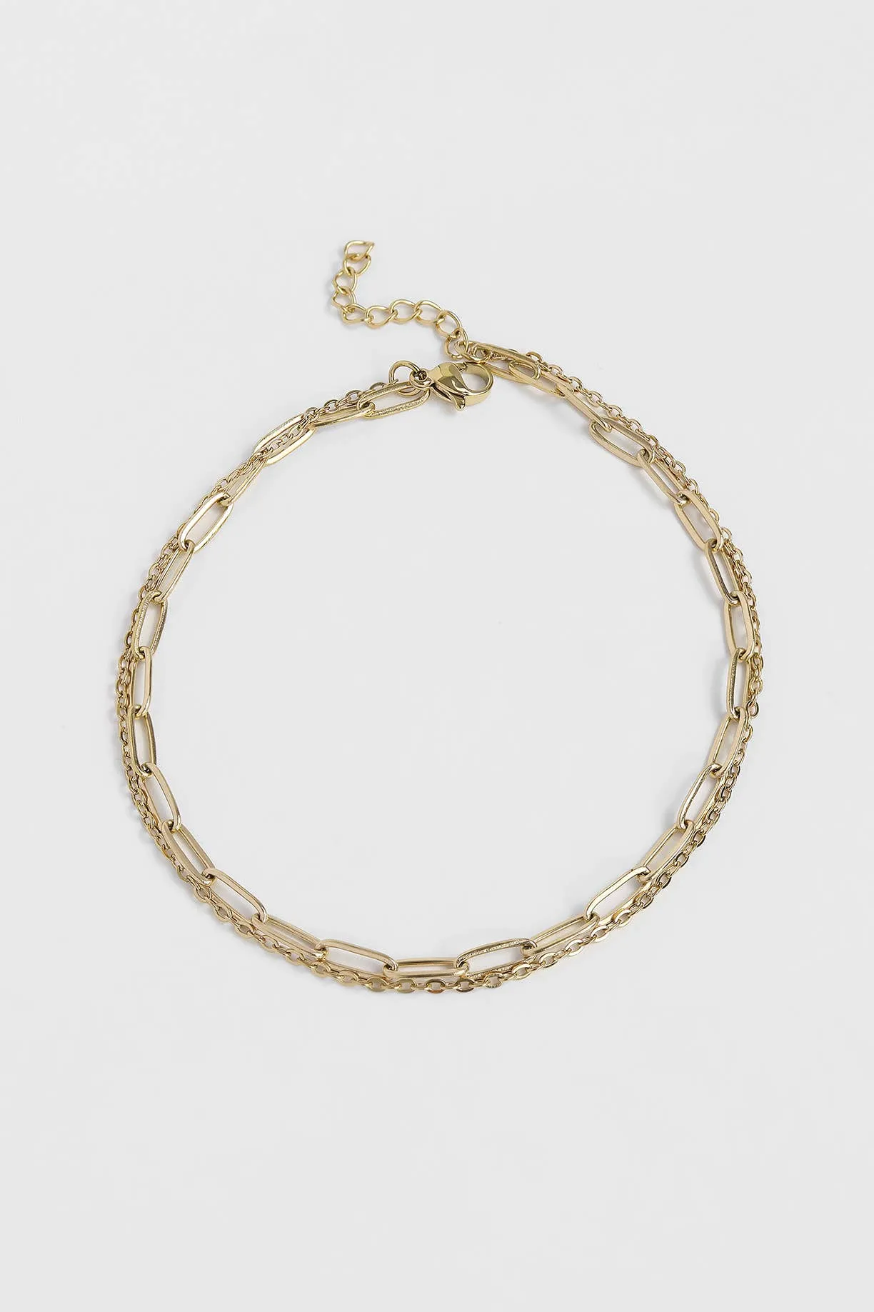 2 Row Stainless Steel Loop and Paperclip Chain Anklet: Gold