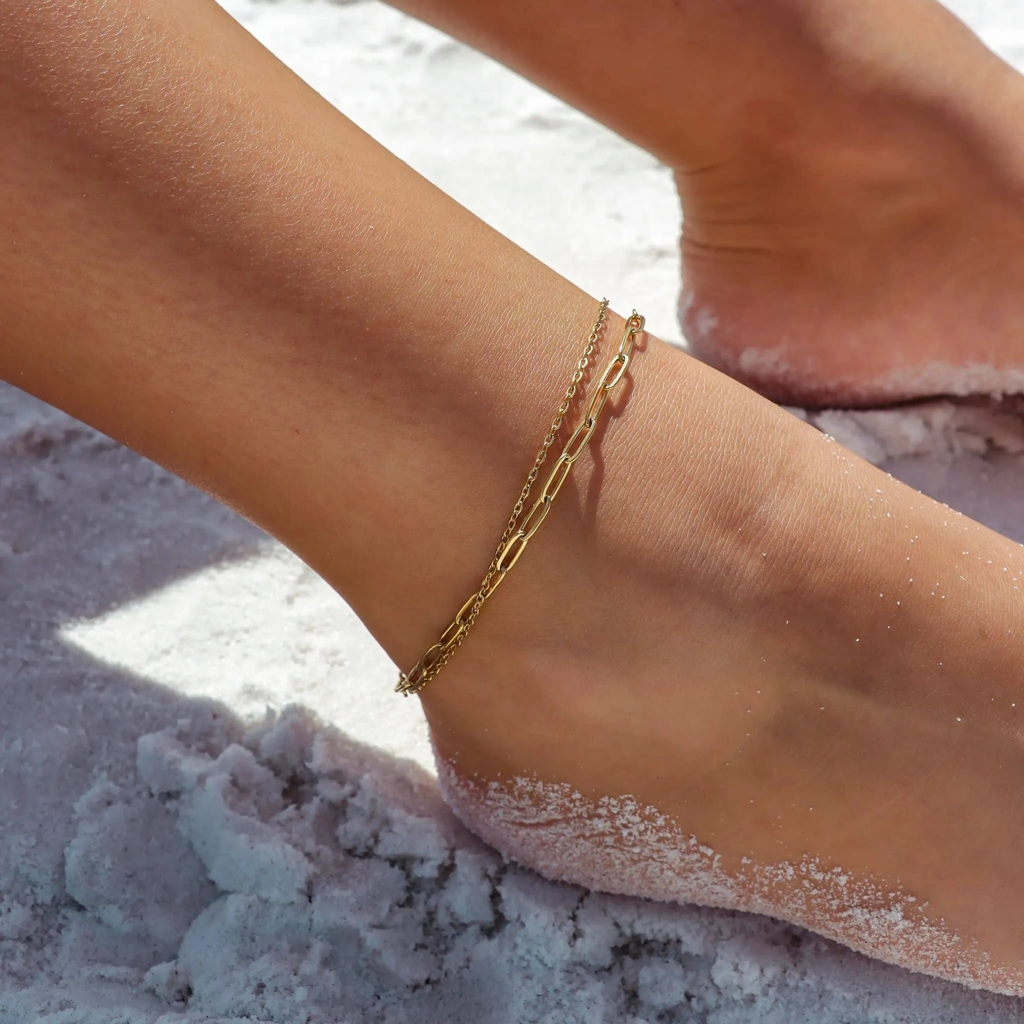 2 Row Stainless Steel Loop and Paperclip Chain Anklet: Gold