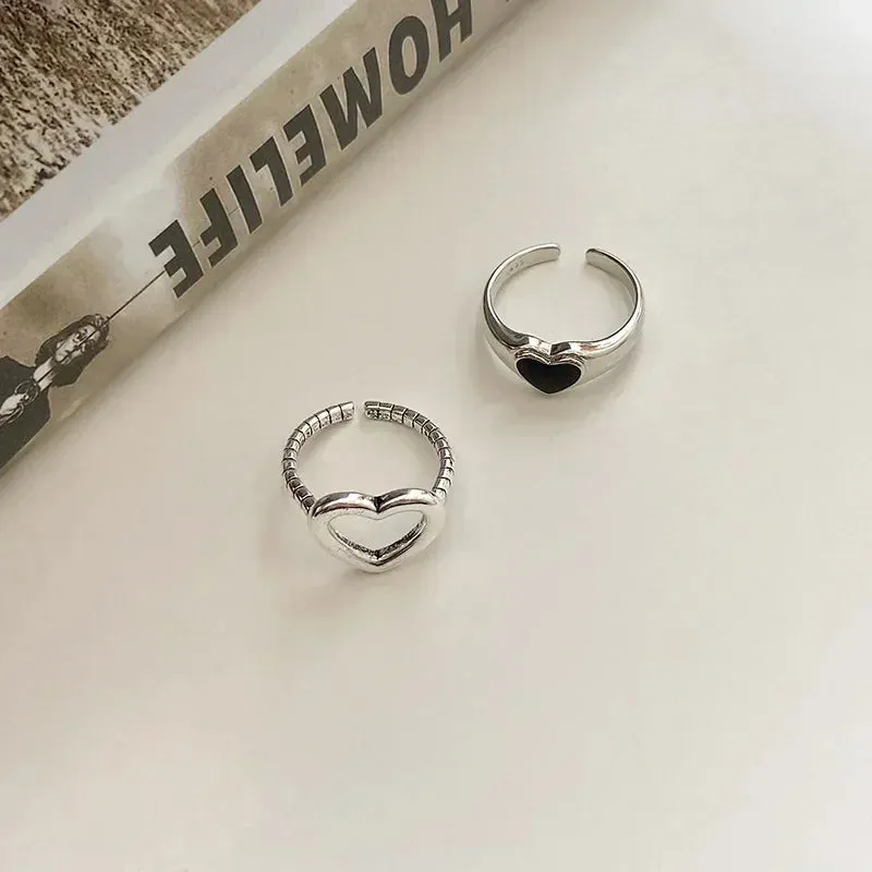 2023 New Fashion Simple Heart Vintage Love Ring Personalized Adjustable Opening Fashion Black Ring Girl Jewelry