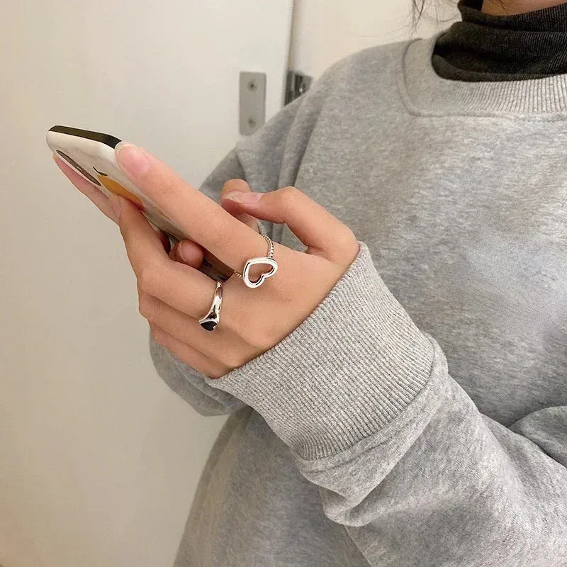2023 New Fashion Simple Heart Vintage Love Ring Personalized Adjustable Opening Fashion Black Ring Girl Jewelry