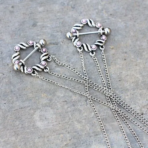 316L Stainless Steel Triple Chain Pink Ribbon Nipple Shields by Fashion Hut Jewelry