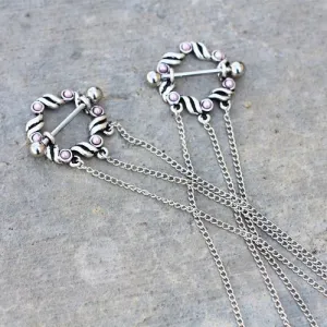 316L Stainless Steel Triple Chain Pink Ribbon Nipple Shields by Fashion Hut Jewelry