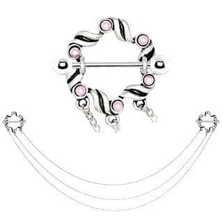 316L Stainless Steel Triple Chain Pink Ribbon Nipple Shields by Fashion Hut Jewelry