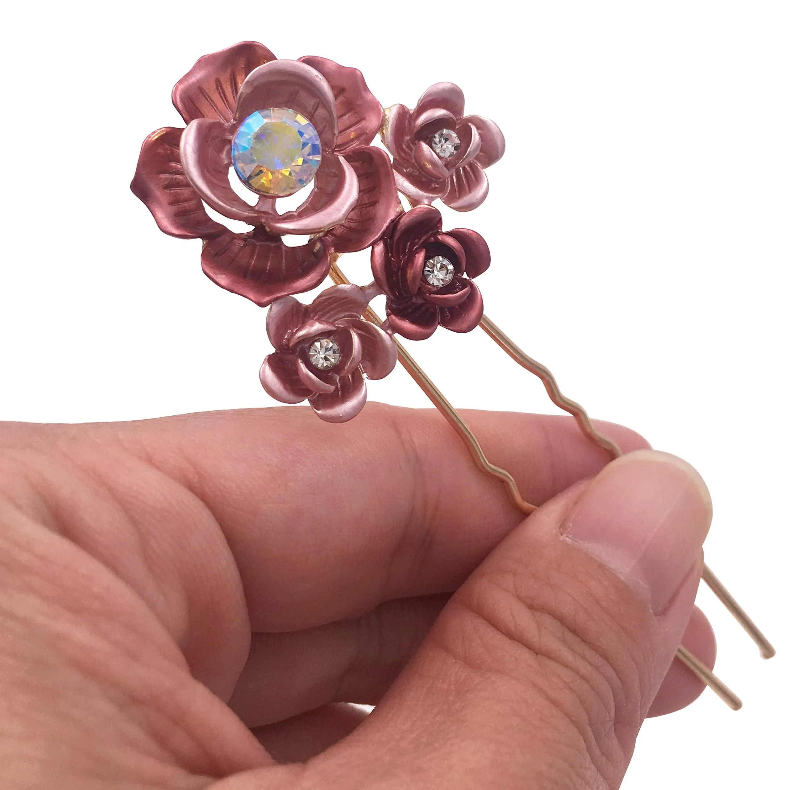 3PCS Romantic Red Rose Flower Gold Hair Styling Pins Accessories for Bun Updo Women Wedding Bridal