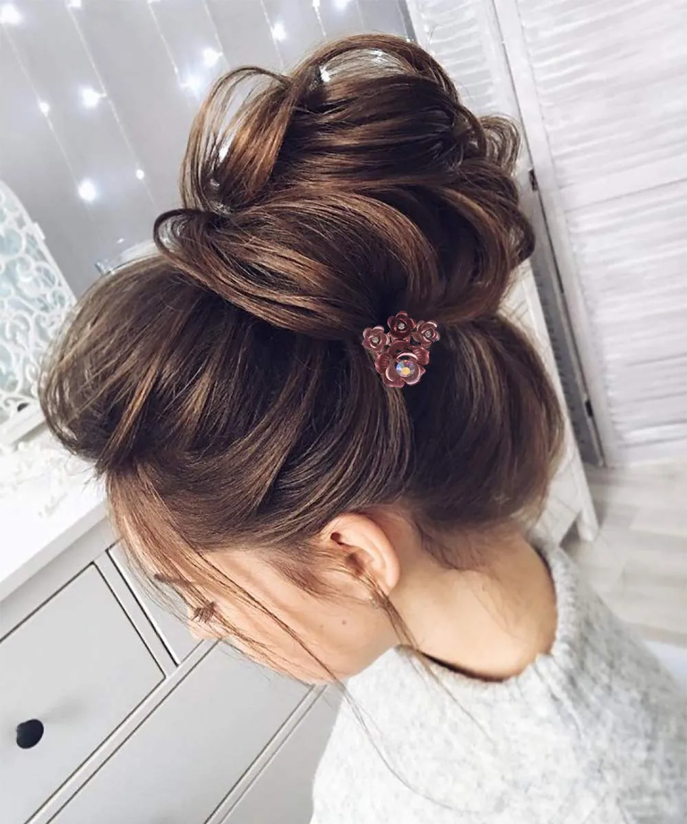 3PCS Romantic Red Rose Flower Gold Hair Styling Pins Accessories for Bun Updo Women Wedding Bridal