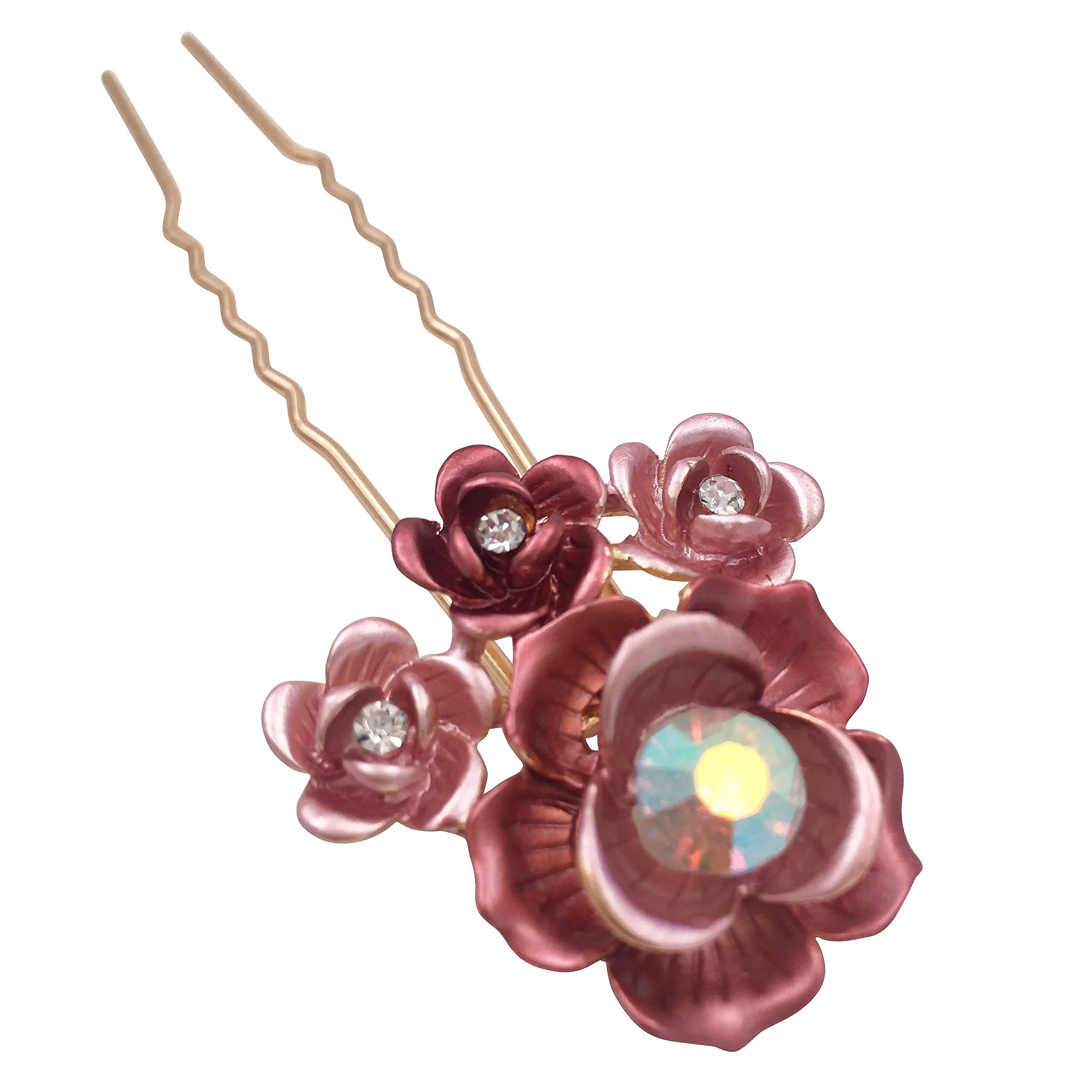 3PCS Romantic Red Rose Flower Gold Hair Styling Pins Accessories for Bun Updo Women Wedding Bridal