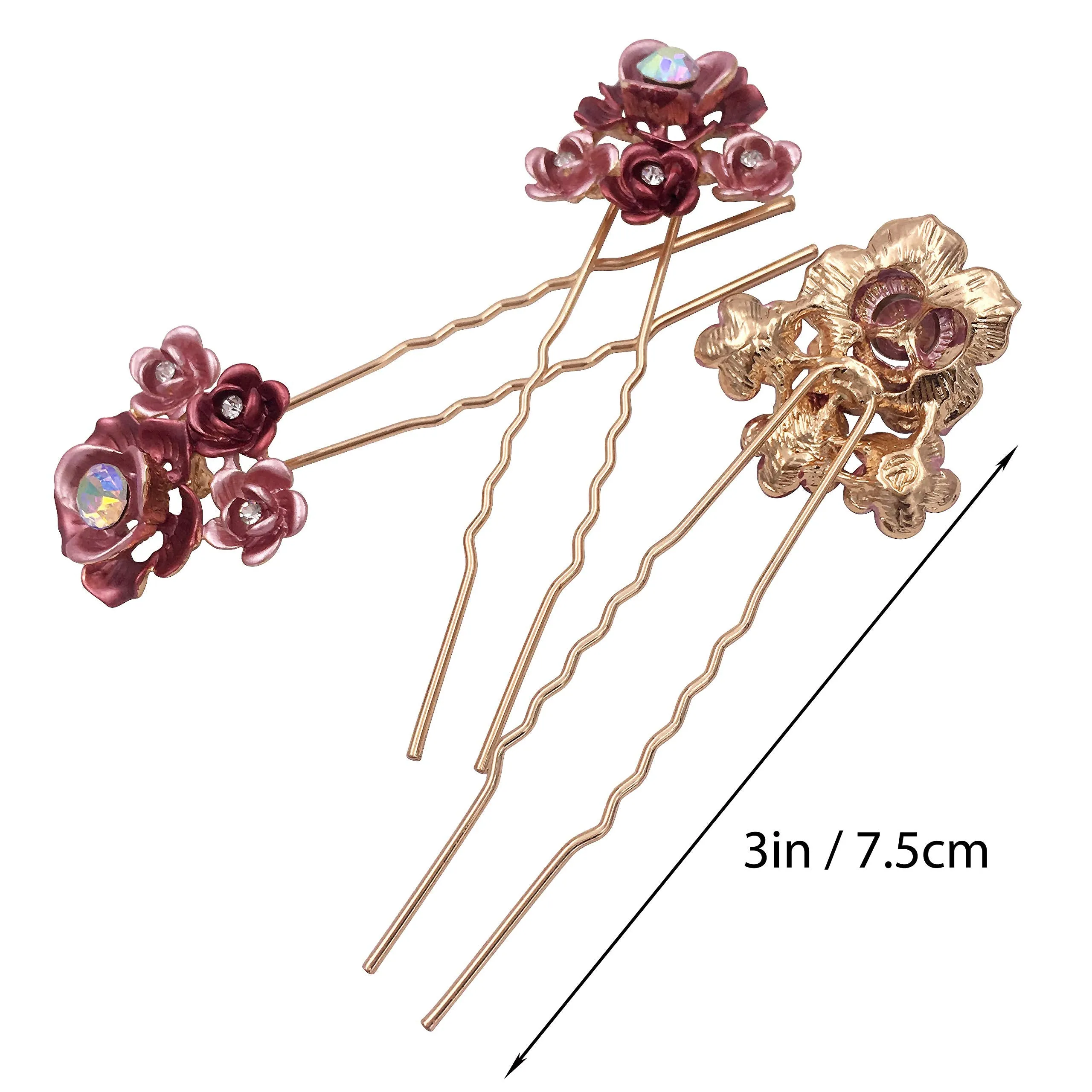 3PCS Romantic Red Rose Flower Gold Hair Styling Pins Accessories for Bun Updo Women Wedding Bridal