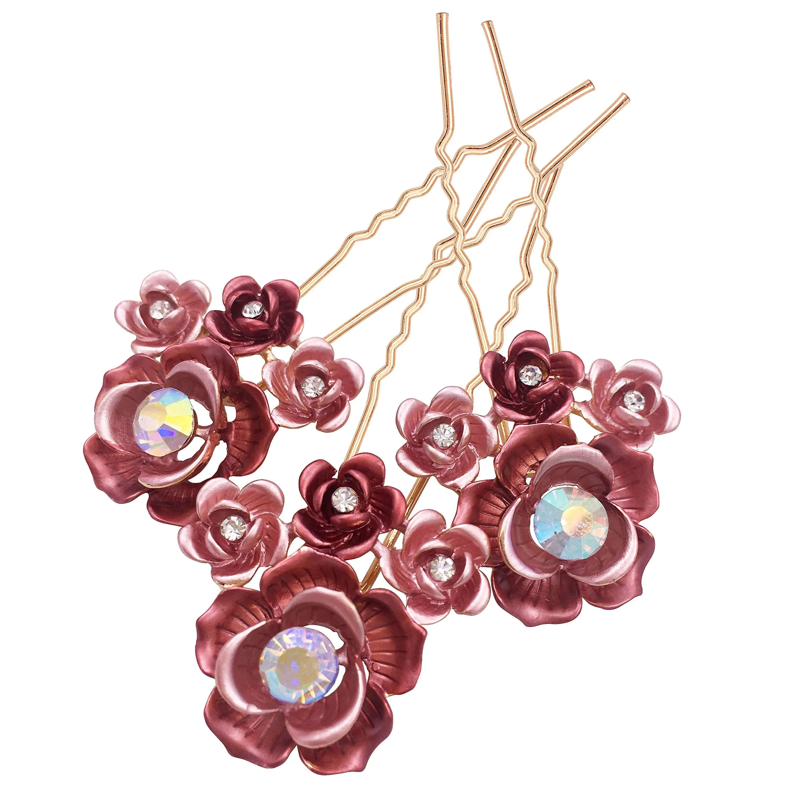 3PCS Romantic Red Rose Flower Gold Hair Styling Pins Accessories for Bun Updo Women Wedding Bridal