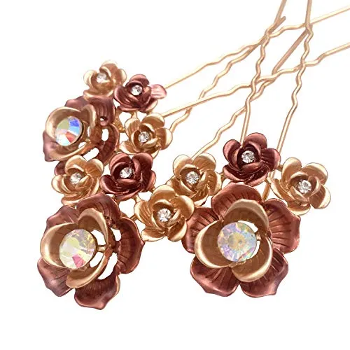 3PCS Romantic Rose Flower Gold Hair Styling Pins Accessories for Bun Updo Women Wedding Bridal