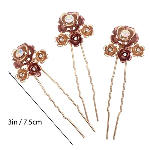 3PCS Romantic Rose Flower Gold Hair Styling Pins Accessories for Bun Updo Women Wedding Bridal