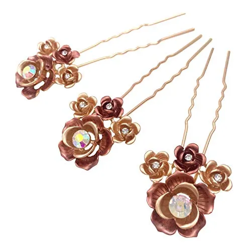 3PCS Romantic Rose Flower Gold Hair Styling Pins Accessories for Bun Updo Women Wedding Bridal