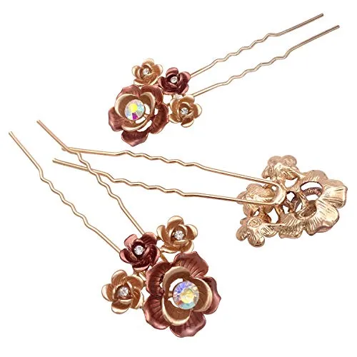 3PCS Romantic Rose Flower Gold Hair Styling Pins Accessories for Bun Updo Women Wedding Bridal