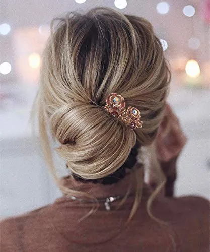 3PCS Romantic Rose Flower Gold Hair Styling Pins Accessories for Bun Updo Women Wedding Bridal