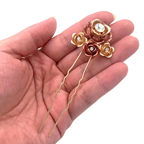 3PCS Romantic Rose Flower Gold Hair Styling Pins Accessories for Bun Updo Women Wedding Bridal