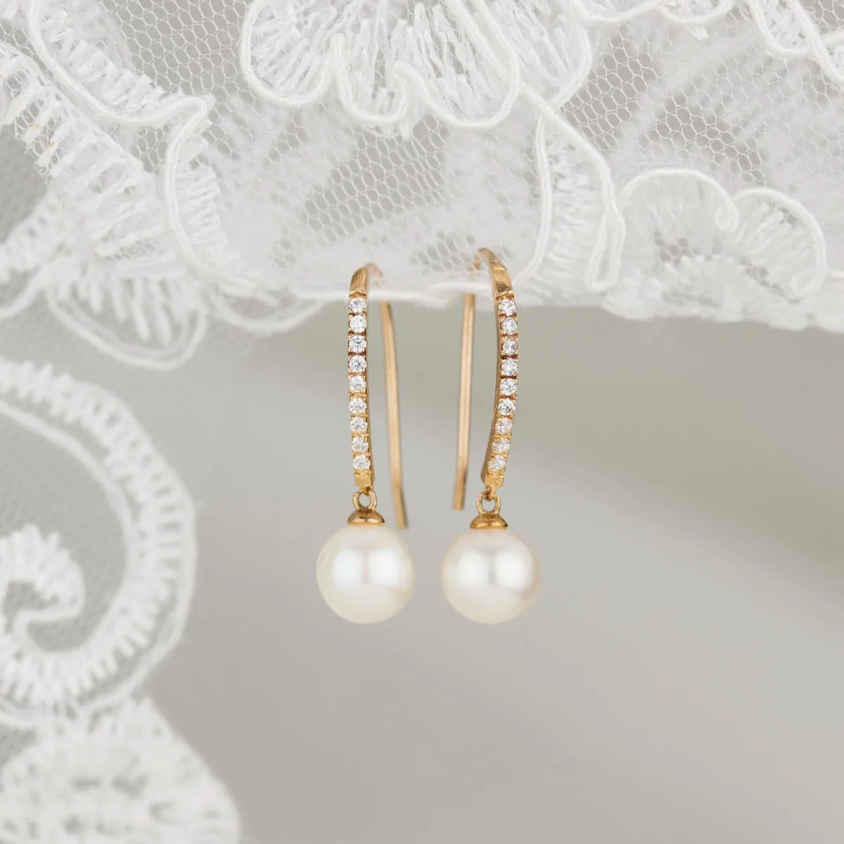 9ct Gold Pearl & CZ Drop Earrings