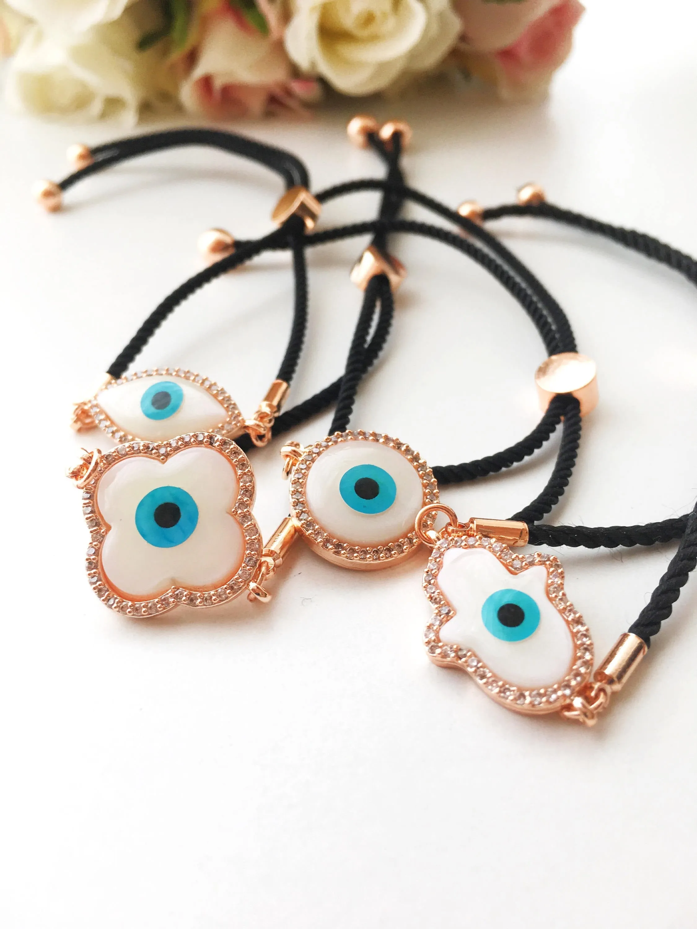 Adjustable Evil Eye Bracelet with Mother of Pearl Charm and Zirconia Detailing
