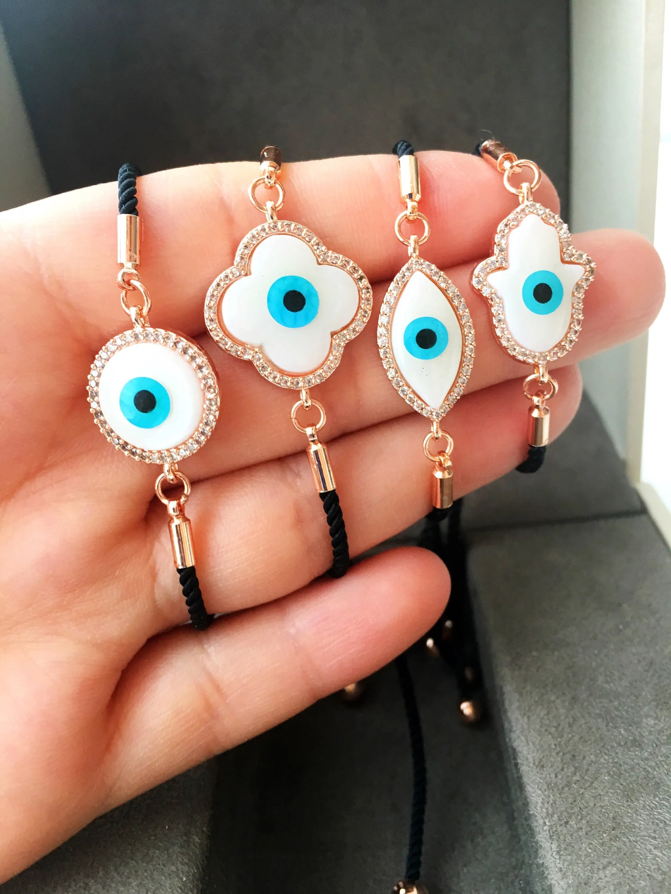 Adjustable Evil Eye Bracelet with Mother of Pearl Charm and Zirconia Detailing