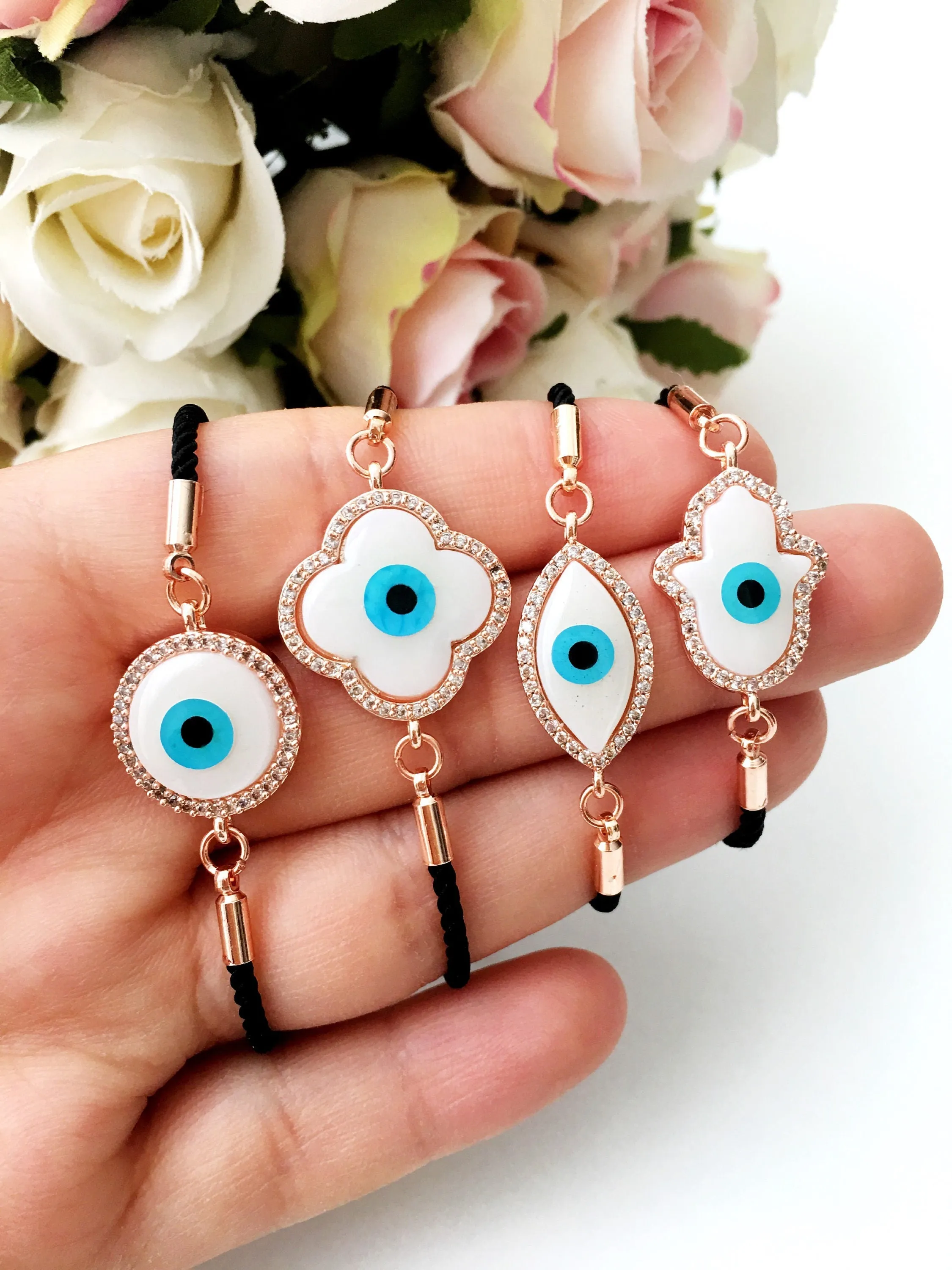 Adjustable Evil Eye Bracelet with Mother of Pearl Charm and Zirconia Detailing