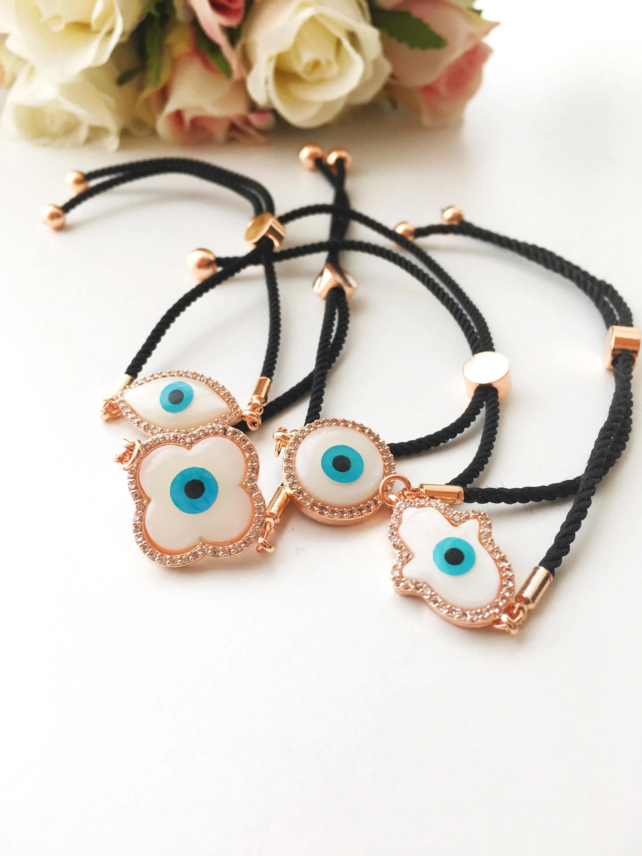 Adjustable Evil Eye Bracelet with Mother of Pearl Charm and Zirconia Detailing