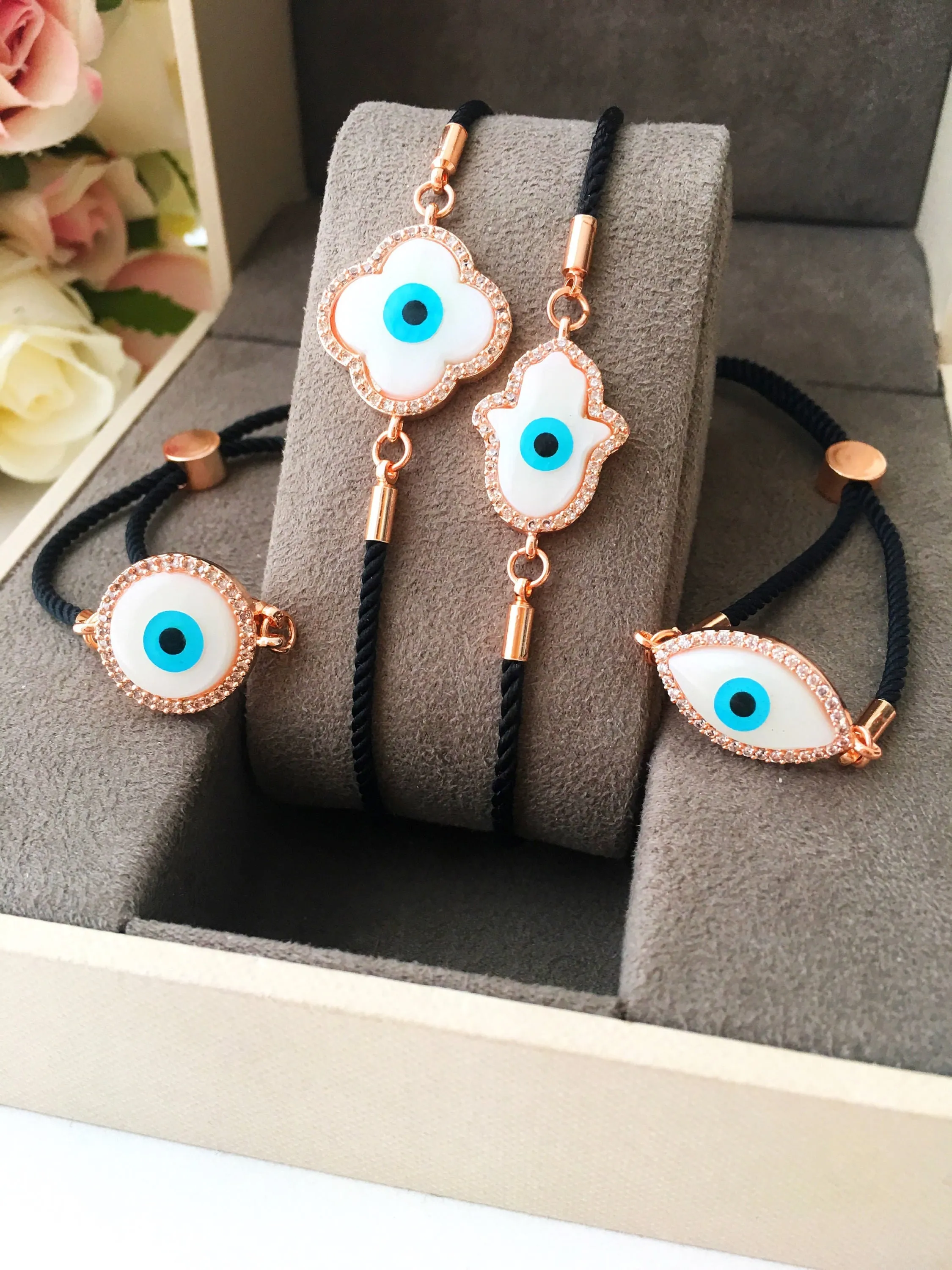 Adjustable Evil Eye Bracelet with Mother of Pearl Charm and Zirconia Detailing