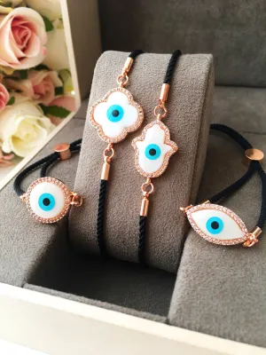 Adjustable Evil Eye Bracelet with Mother of Pearl Charm and Zirconia Detailing