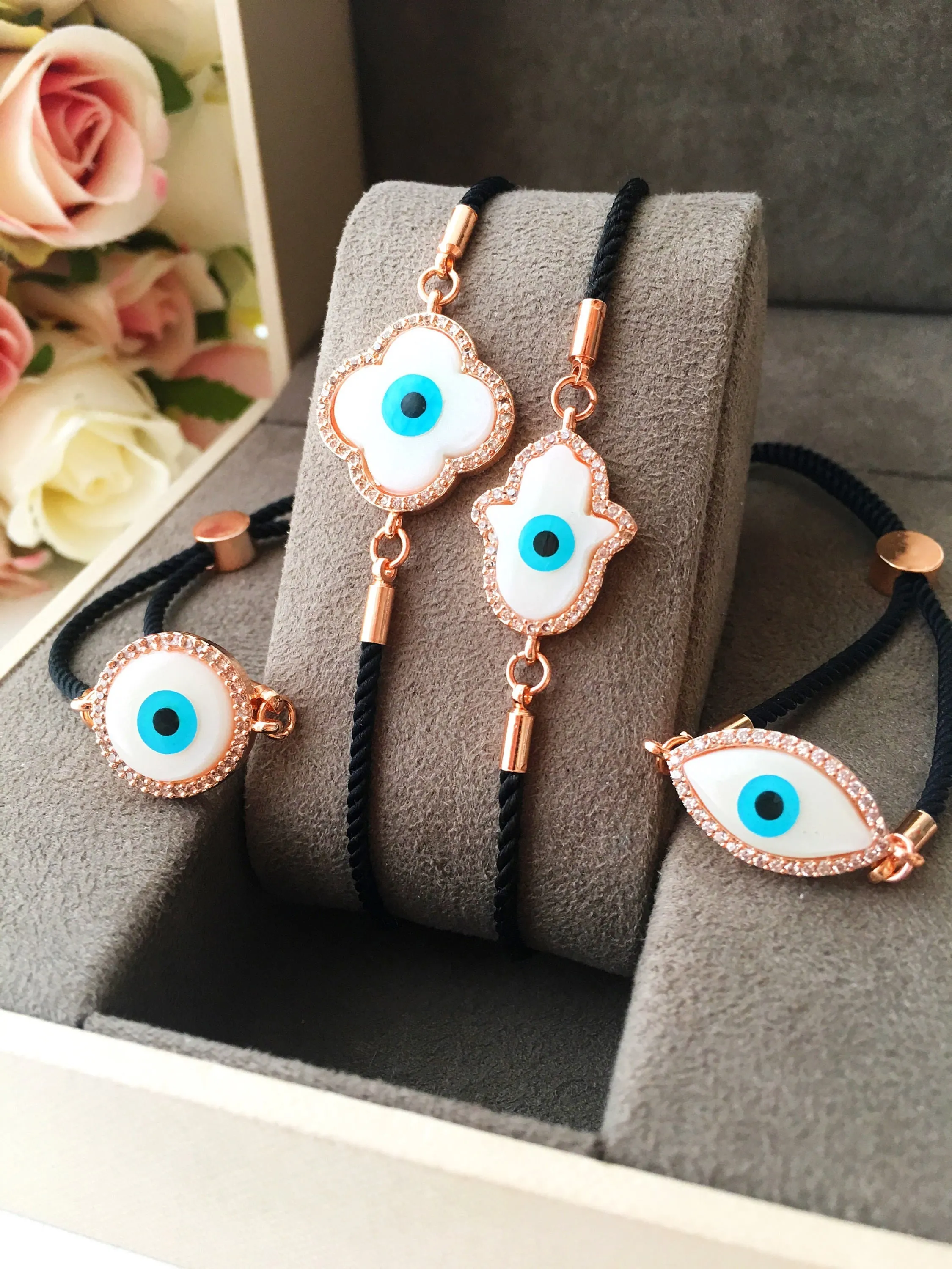 Adjustable Evil Eye Bracelet with Mother of Pearl Charm and Zirconia Detailing