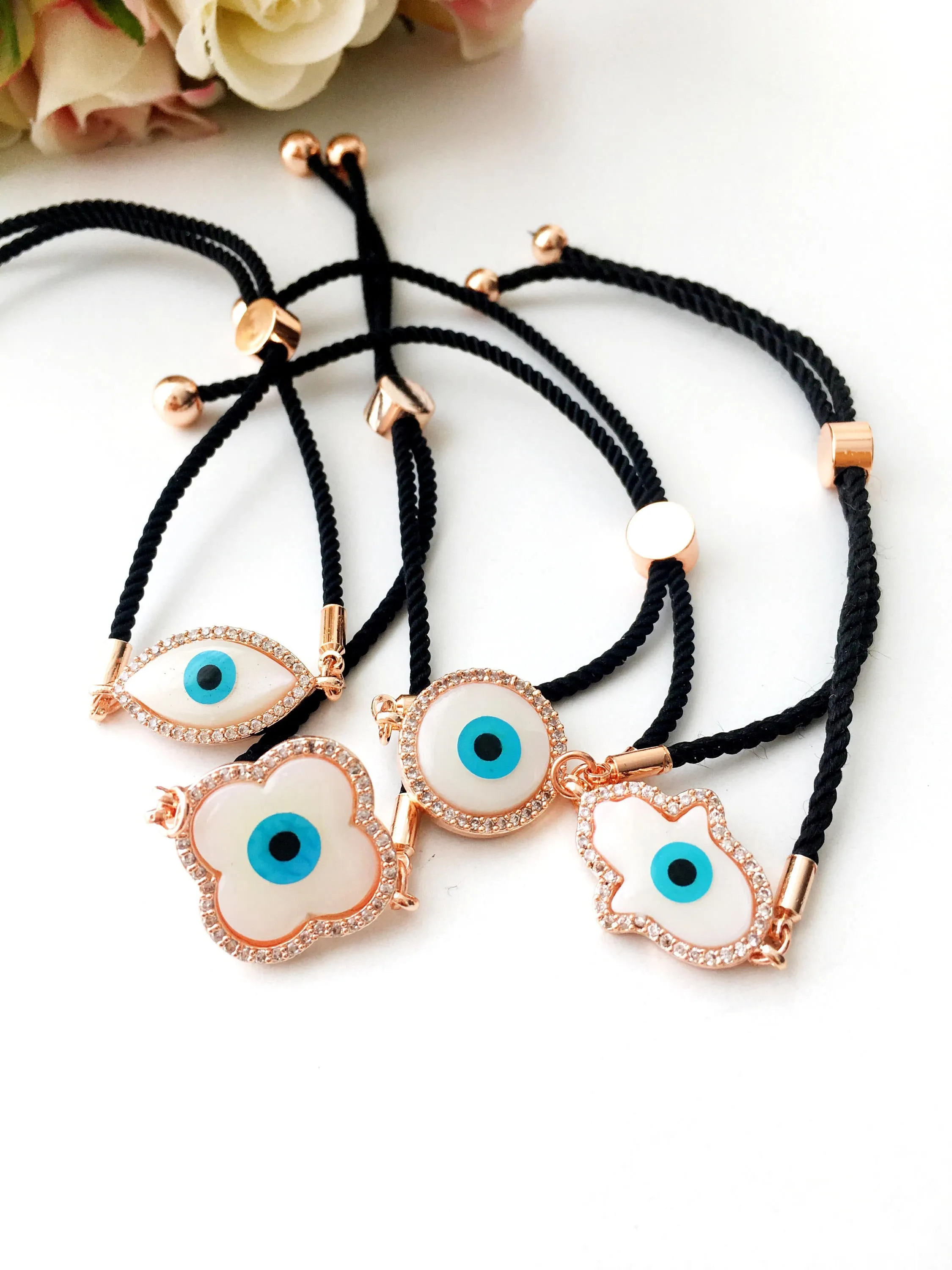 Adjustable Evil Eye Bracelet with Mother of Pearl Charm and Zirconia Detailing