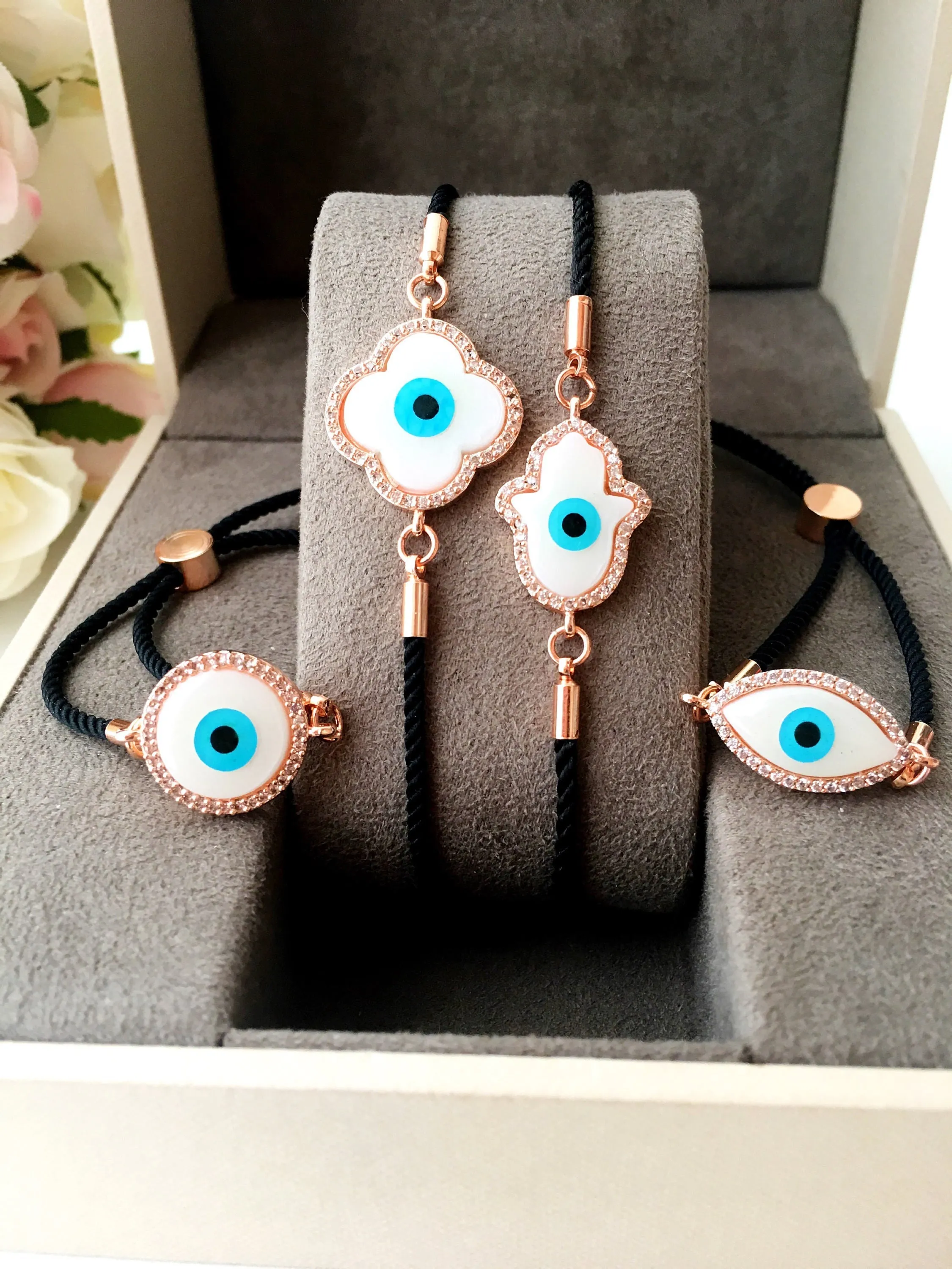 Adjustable Evil Eye Bracelet with Mother of Pearl Charm and Zirconia Detailing