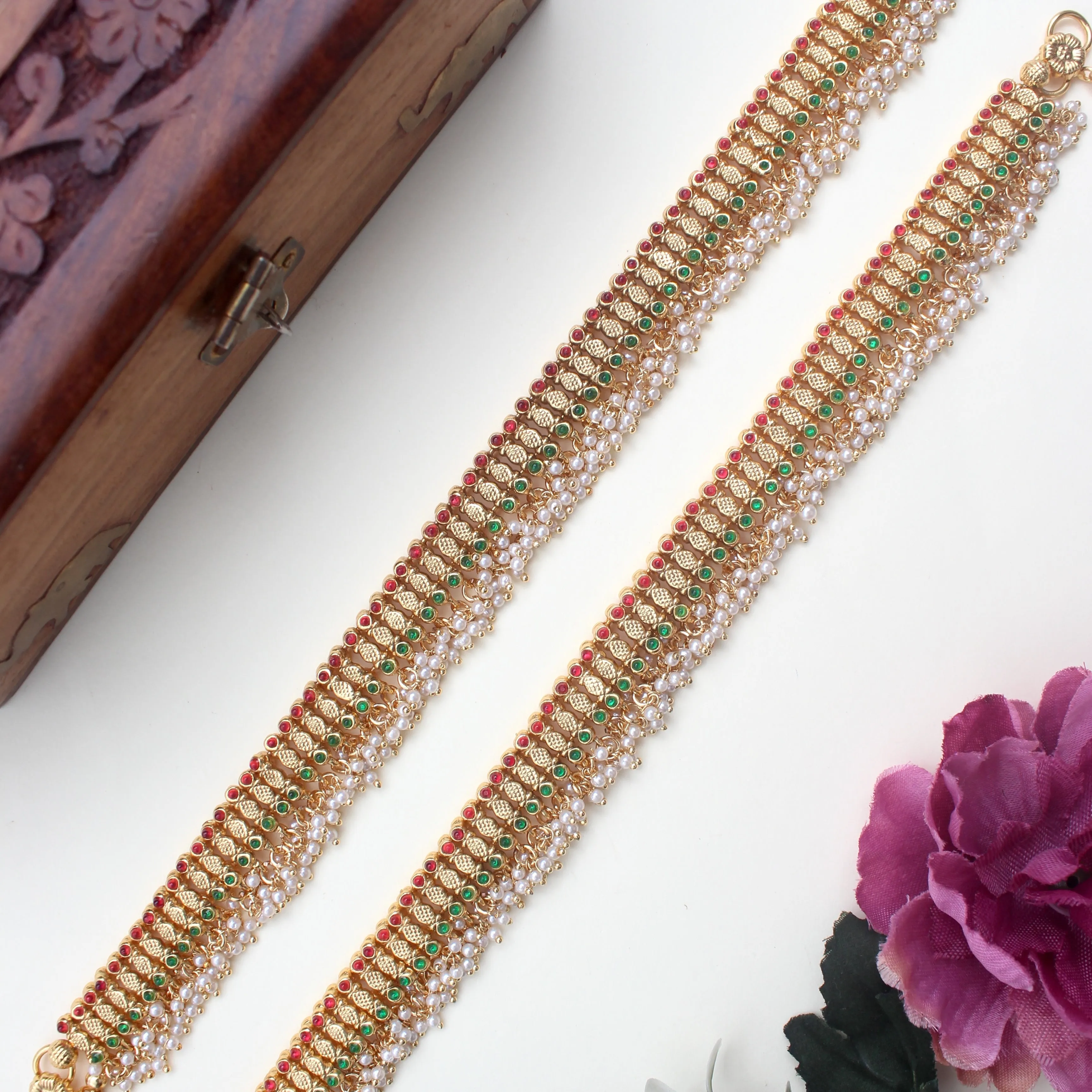 Antique Gold Heavy Pearl Ghungroo Kemp Bridal Anklets/Payal
