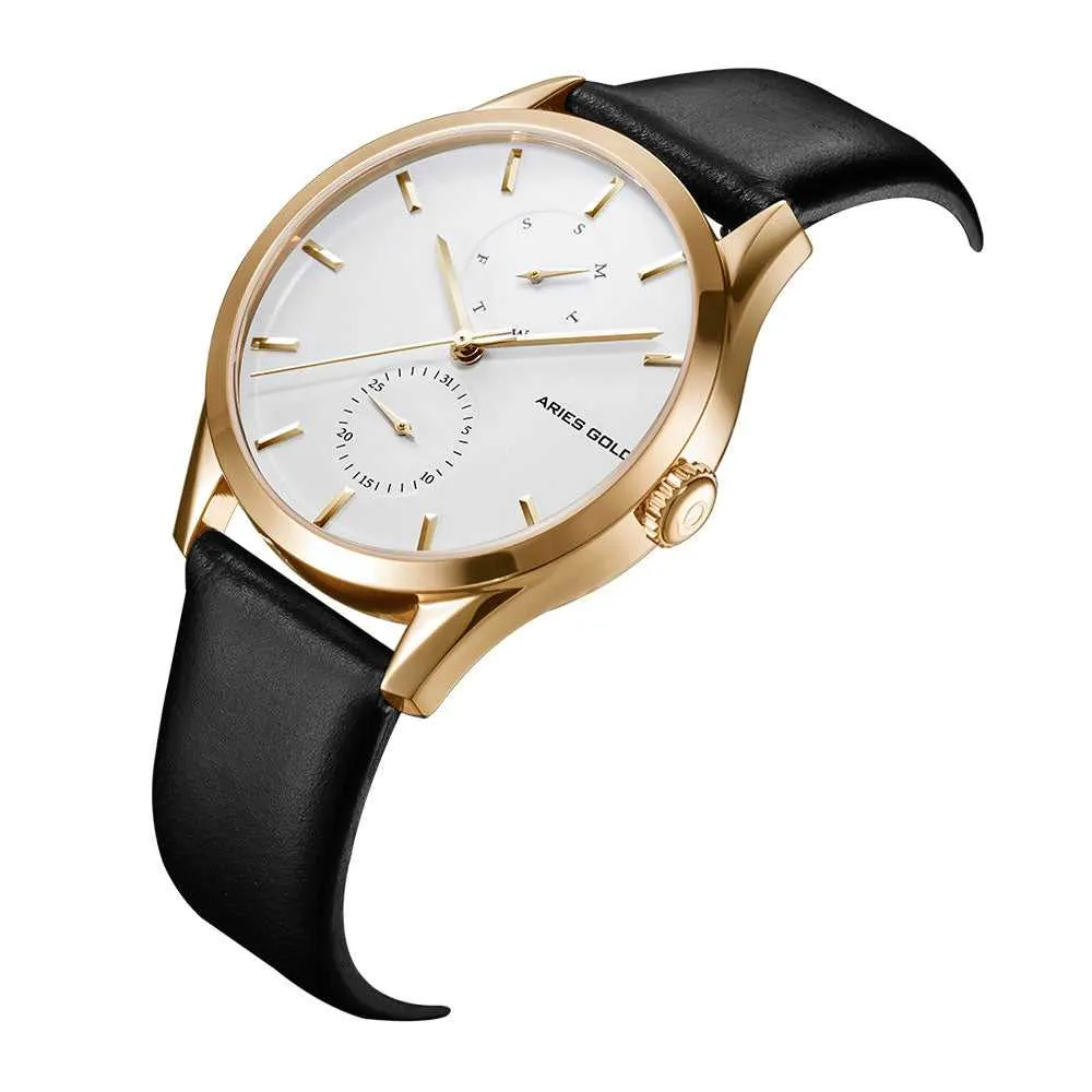 ARIES GOLD ENCHANT LIBERTY GOLD STAINLESS STEEL L 5031 G-W-L BLACK LEATHER STRAP WOMEN'S WATCH