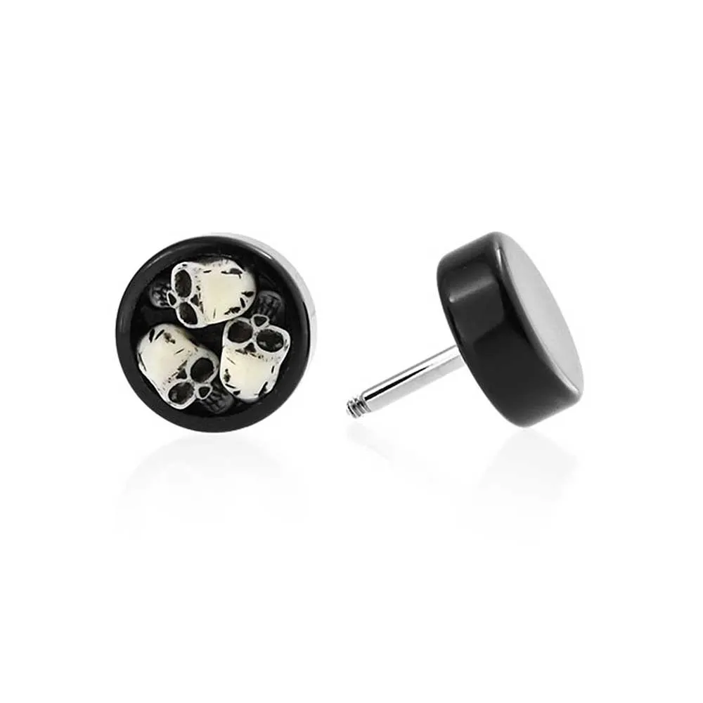 Biker Goth Ear Plug with Three Skulls Black Cheater Faux Plugs for Men 14G Steel