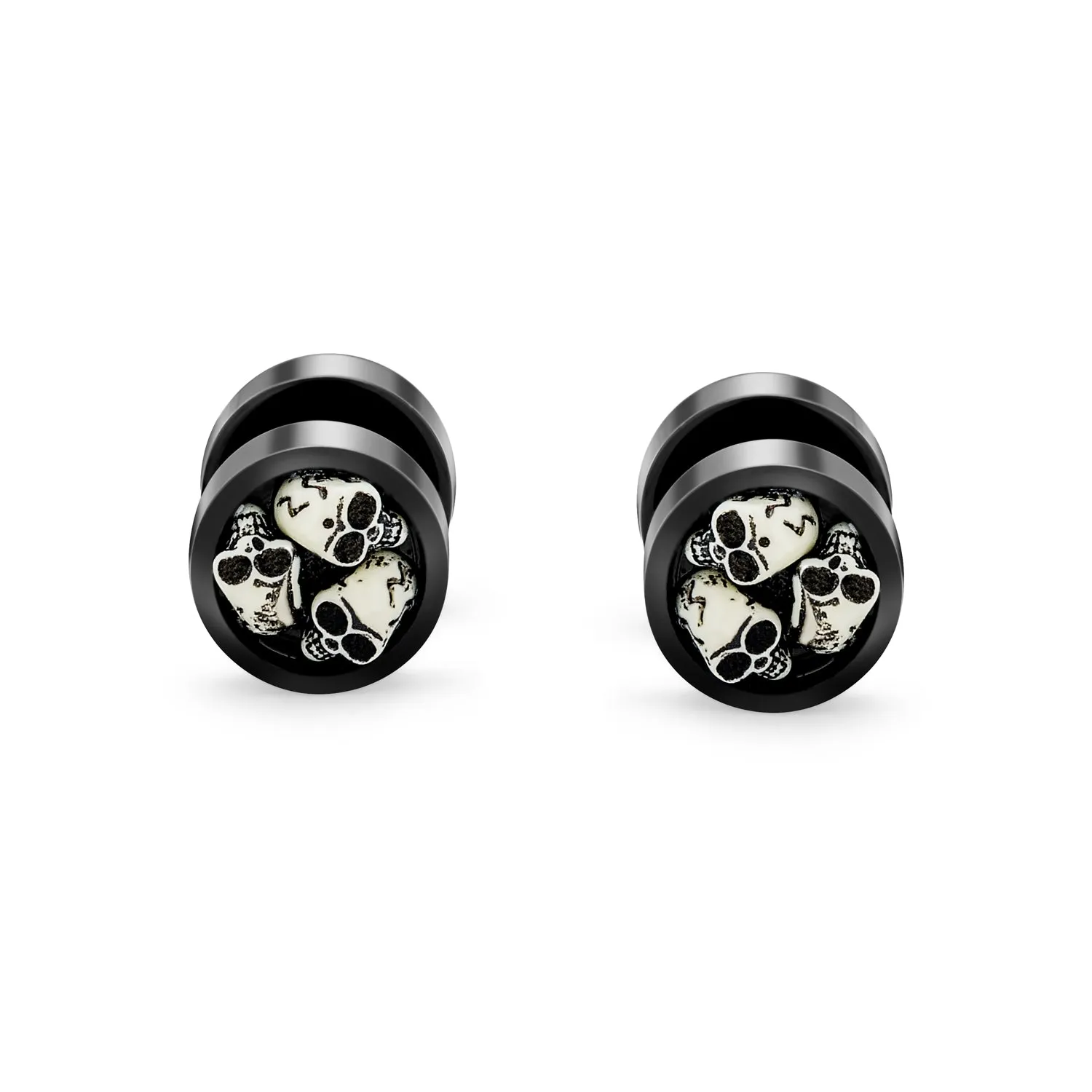 Biker Goth Ear Plug with Three Skulls Black Cheater Faux Plugs for Men 14G Steel