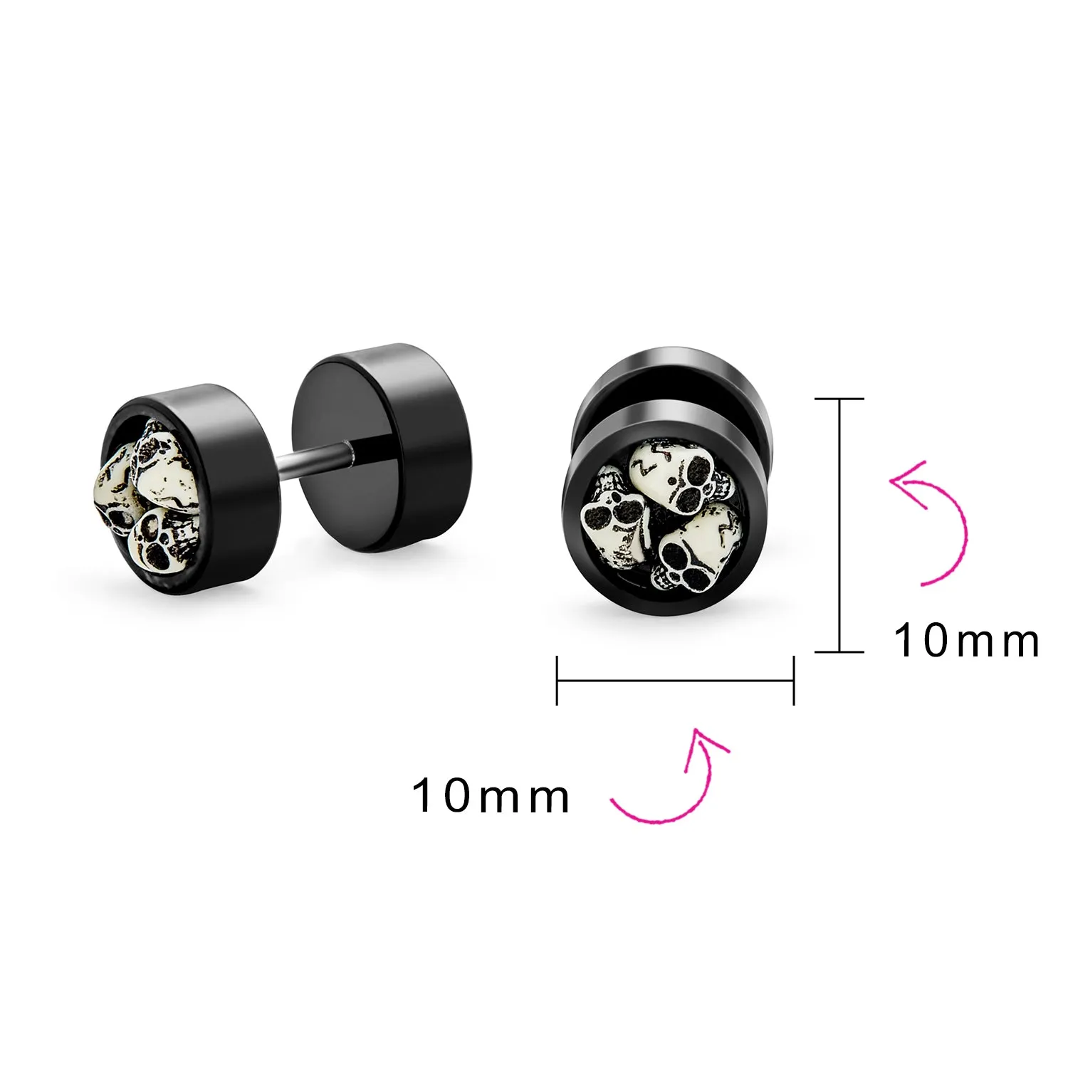 Biker Goth Ear Plug with Three Skulls Black Cheater Faux Plugs for Men 14G Steel