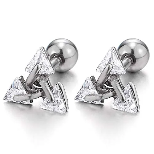 Black Stainless Steel Triangle Cubic Zirconia Stud Earrings for Men and Women, Screw Back Post, 2pcs, Ideal for Adding Sparkle to Everyday Outfits or Special Occasions
