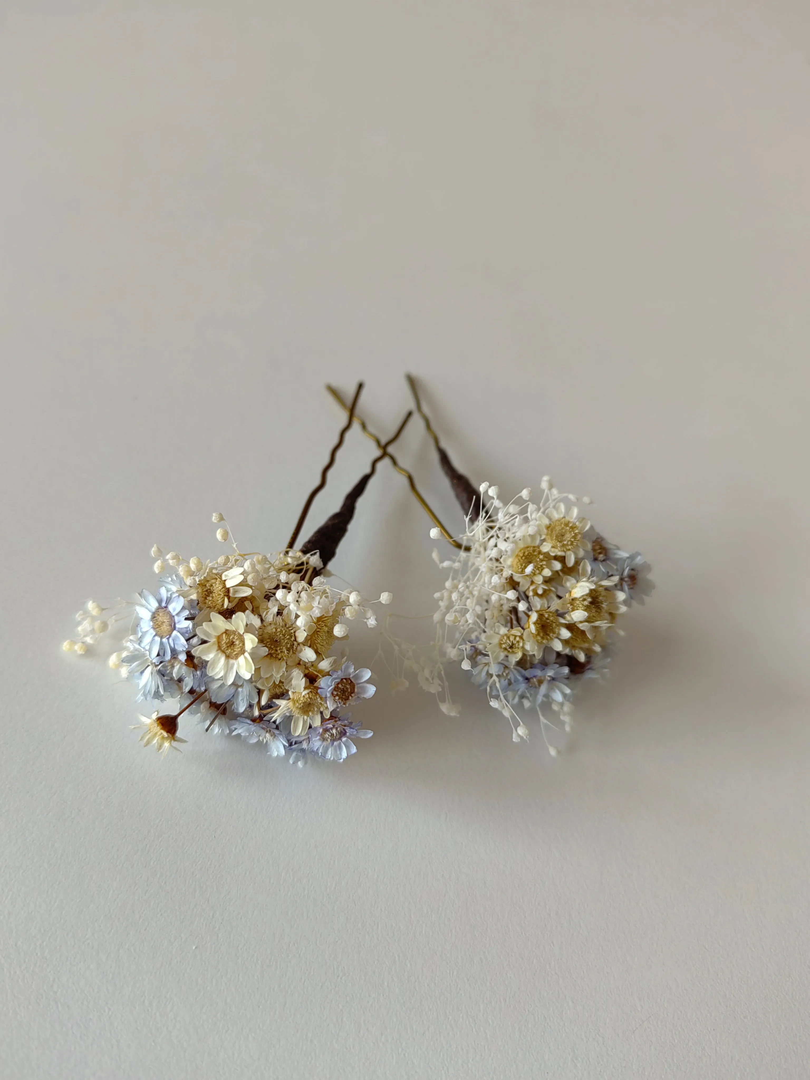 Blue and ivory flower hairpins