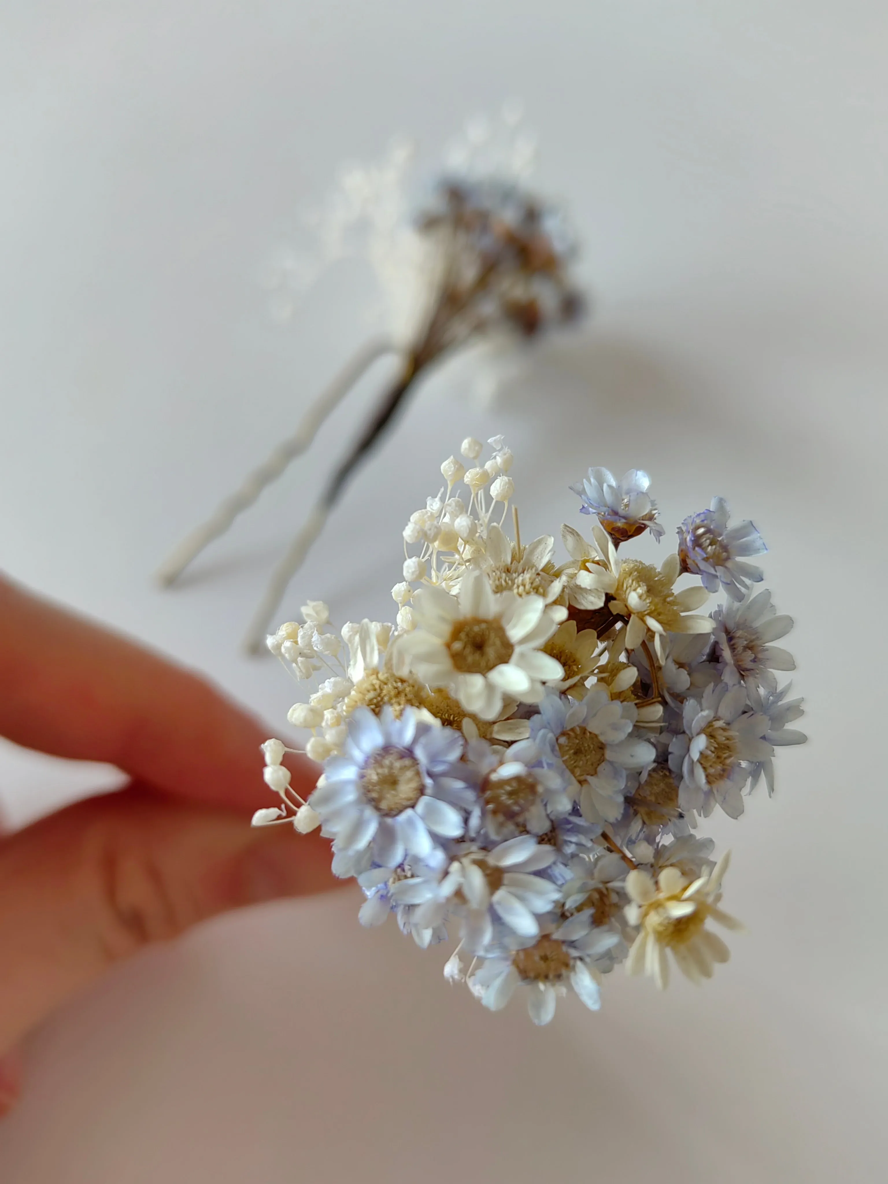 Blue and ivory flower hairpins