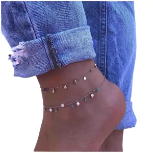 Bohemian Layered Pearl Anklet Silver Coin Ankle Bracelet Tiny Turquoise Dangle Anklets Dangle Disc Ankle Chain Adjustable Summer Beach Foot Chain Jewelry for Women and Girls