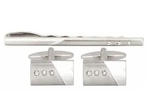 Brushed/shiny   3 crystals cufflink and tie bar Set 5595